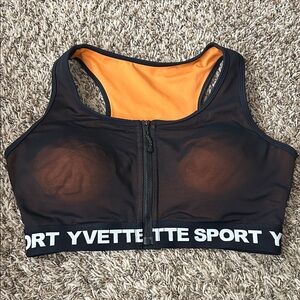 Yvette Radiant Mesh Design Zip-Front Running Sports Bra Black Orange L+